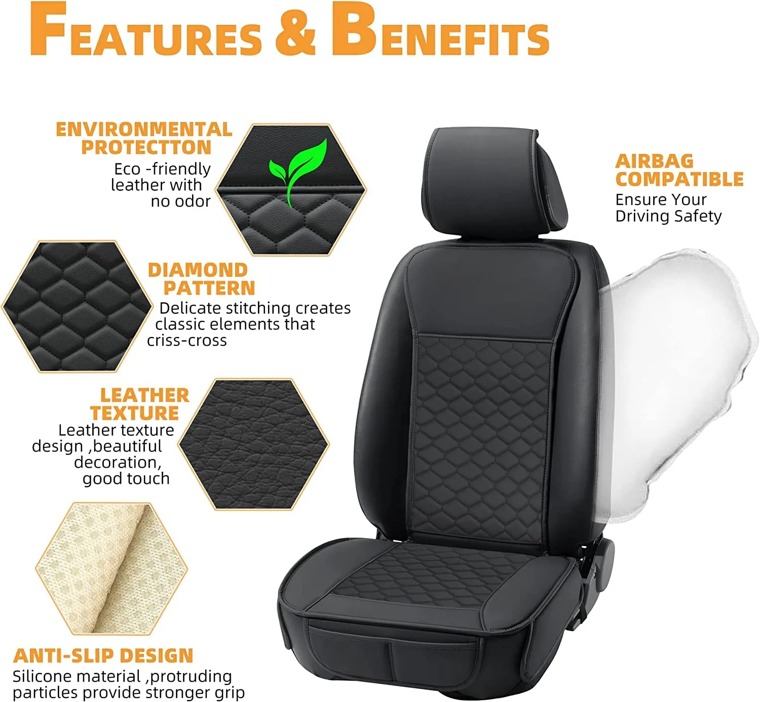 Elantrip 2PCs Front Car Seat Covers Leather Waterproof Seat Protector Universal fit for Most Cars SUVs and Trucks Black
