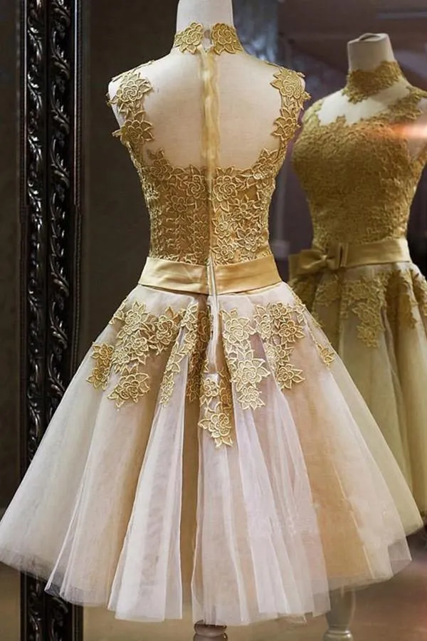 Elegant High Neck Gold Tulle Knee-Length Homecoming Dress With Appliques TR0171