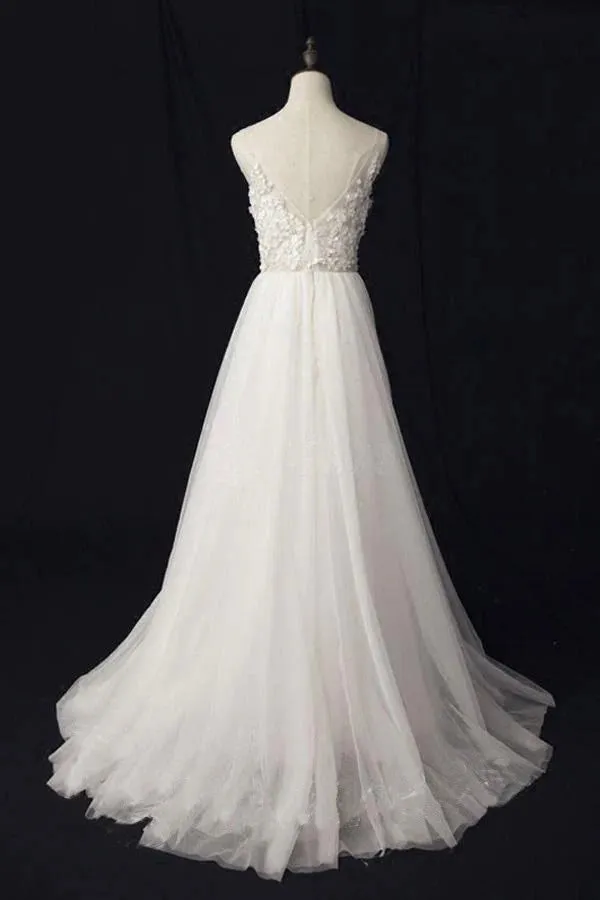 Elegant Ivory Tulle V-neck A Line Floor Length Wedding Dresses  WD177