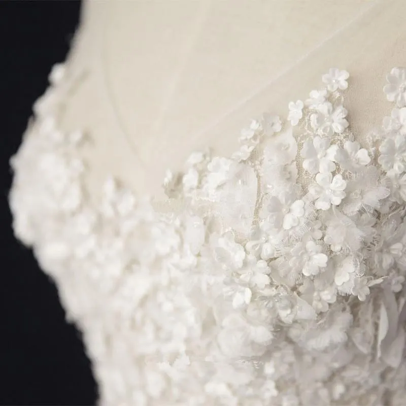 Elegant Ivory Tulle V-neck A Line Floor Length Wedding Dresses  WD177