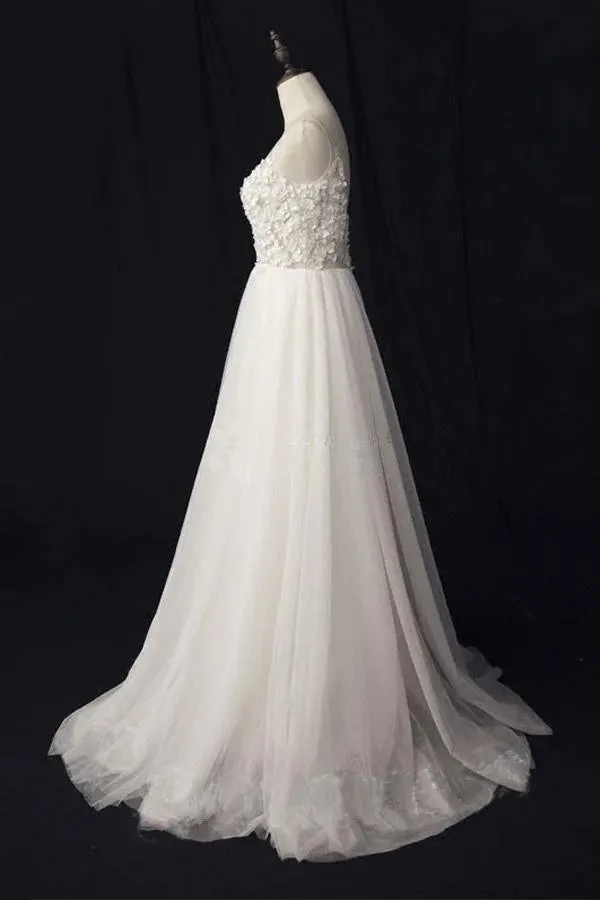 Elegant Ivory Tulle V-neck A Line Floor Length Wedding Dresses  WD177