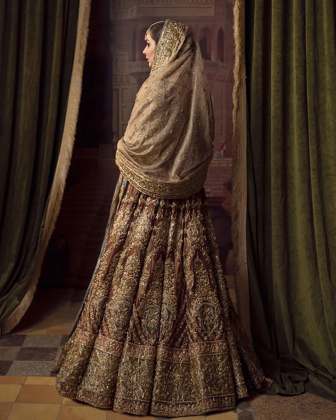 Embellished Pakistani Bridal Dress in Lehenga Choli Dupatta Style in Premium Tissue Fabric