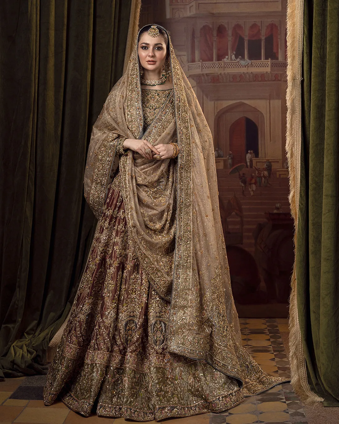 Embellished Pakistani Bridal Dress in Lehenga Choli Dupatta Style in Premium Tissue Fabric