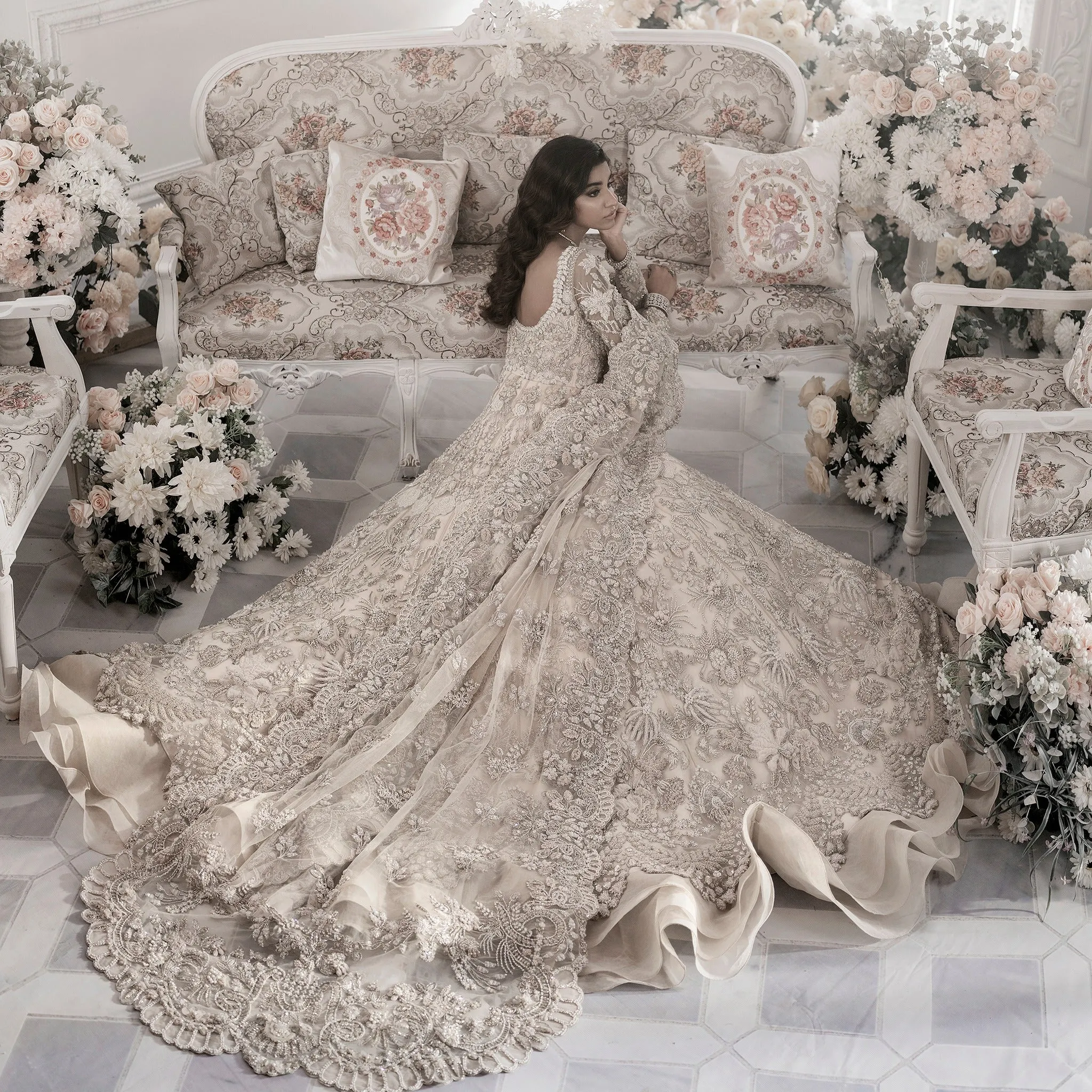 Embellished White Maxi Lehenga for Indian Bridal Wear