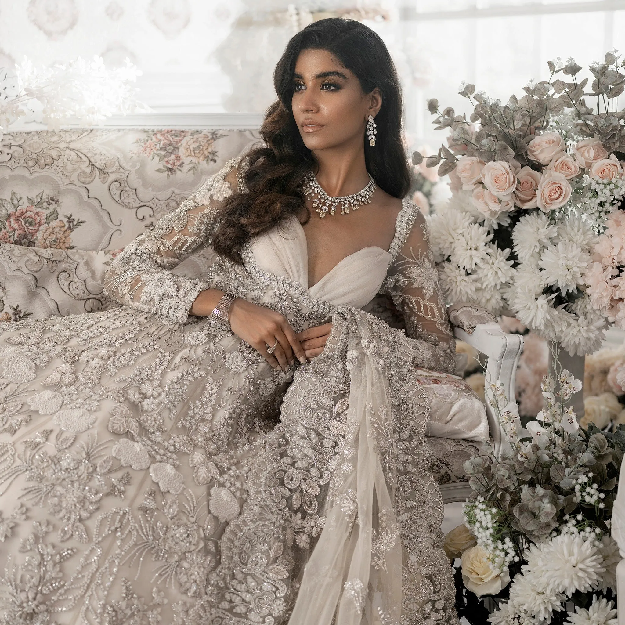 Embellished White Maxi Lehenga for Indian Bridal Wear