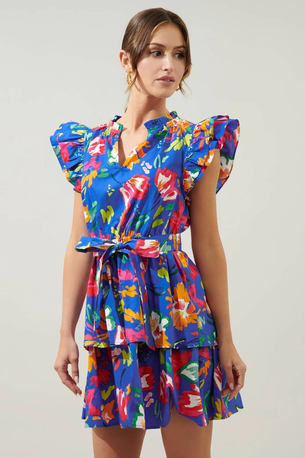 Esby Floral Strokes Marisol Tiered Mini Dress