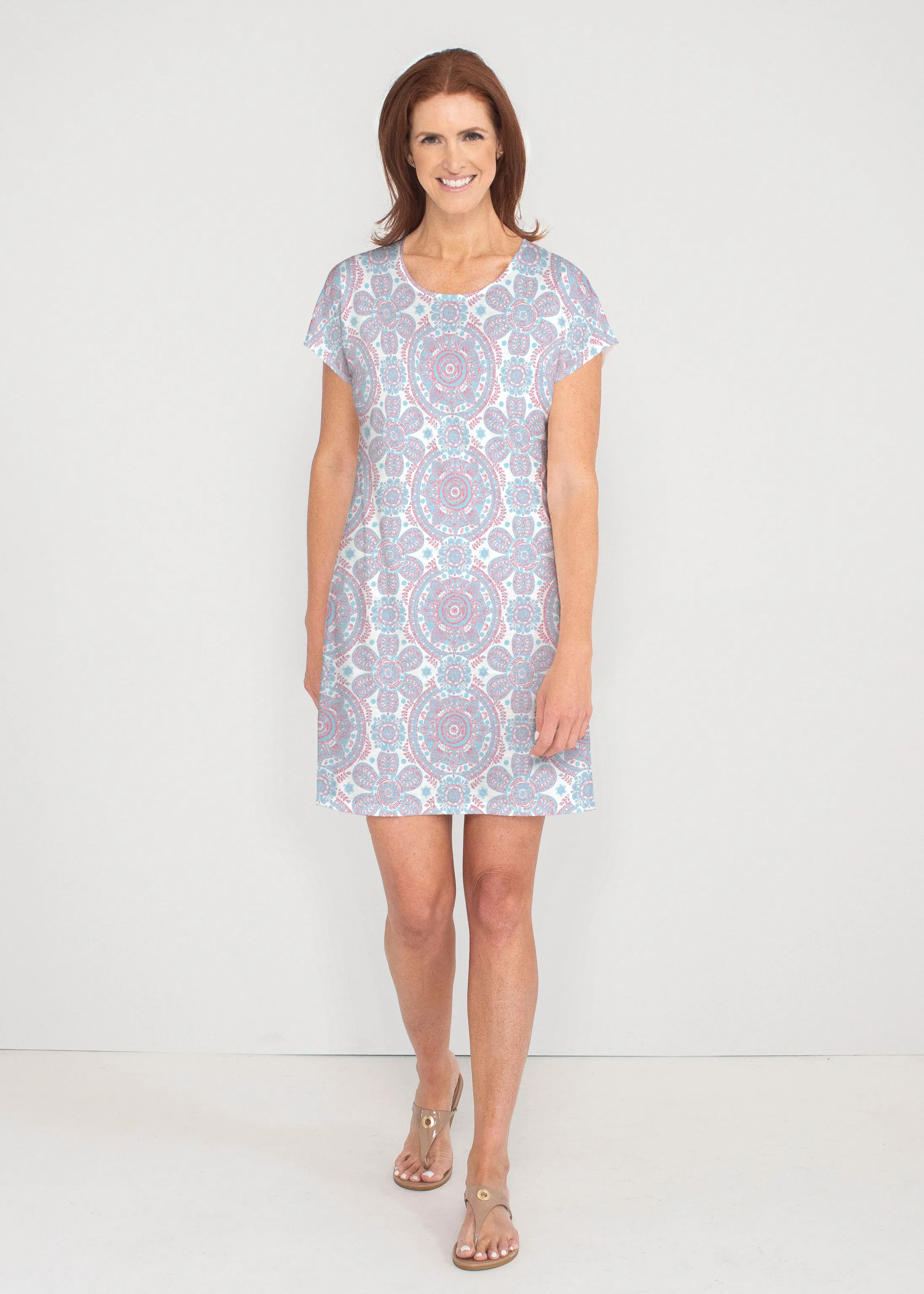 Etched Mod Blue (8033) ~ French Terry Short Sleeve Crew Dress