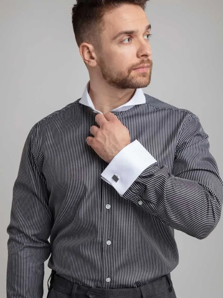 Extreme Cutaway Black Pinstripe Non-Iron Contrast Shirt French Cuff