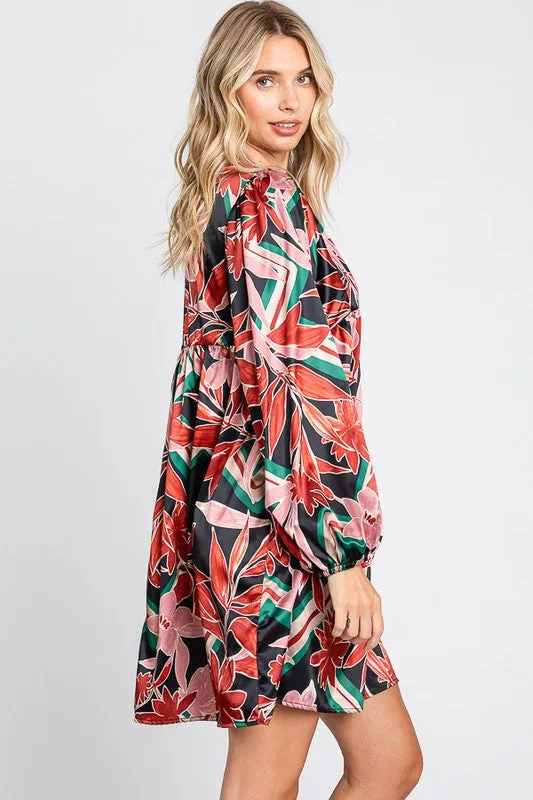 Fall Floral Satin Babydoll Dress