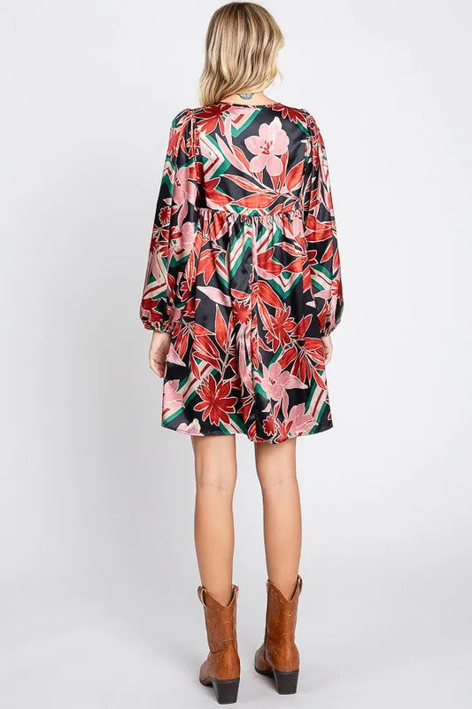 Fall Floral Satin Babydoll Dress