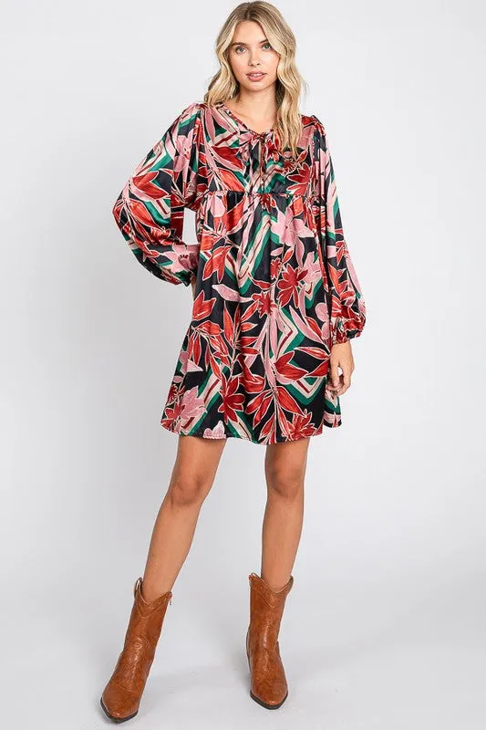 Fall Floral Satin Babydoll Dress