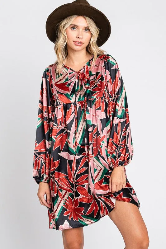 Fall Floral Satin Babydoll Dress