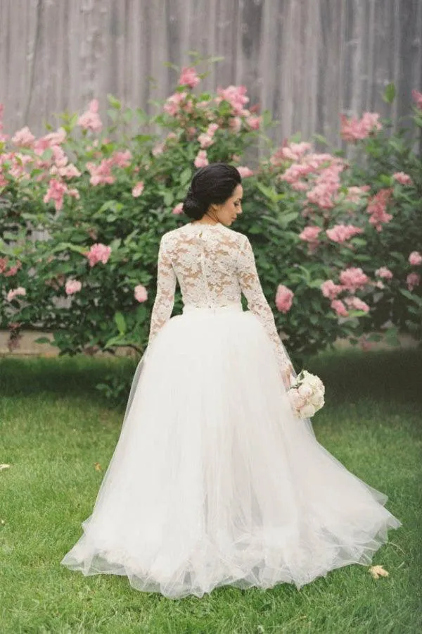 Fancy Two Piece Long Sleeves Hi-Low Organza Wedding Dress Lace Top  TN0083