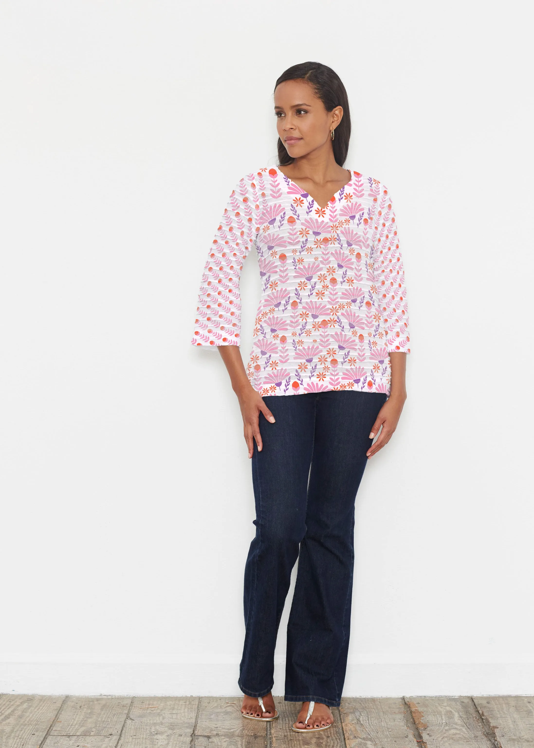 Fanfare (8042) ~ Banded 3/4 Bell-Sleeve V-Neck Tunic
