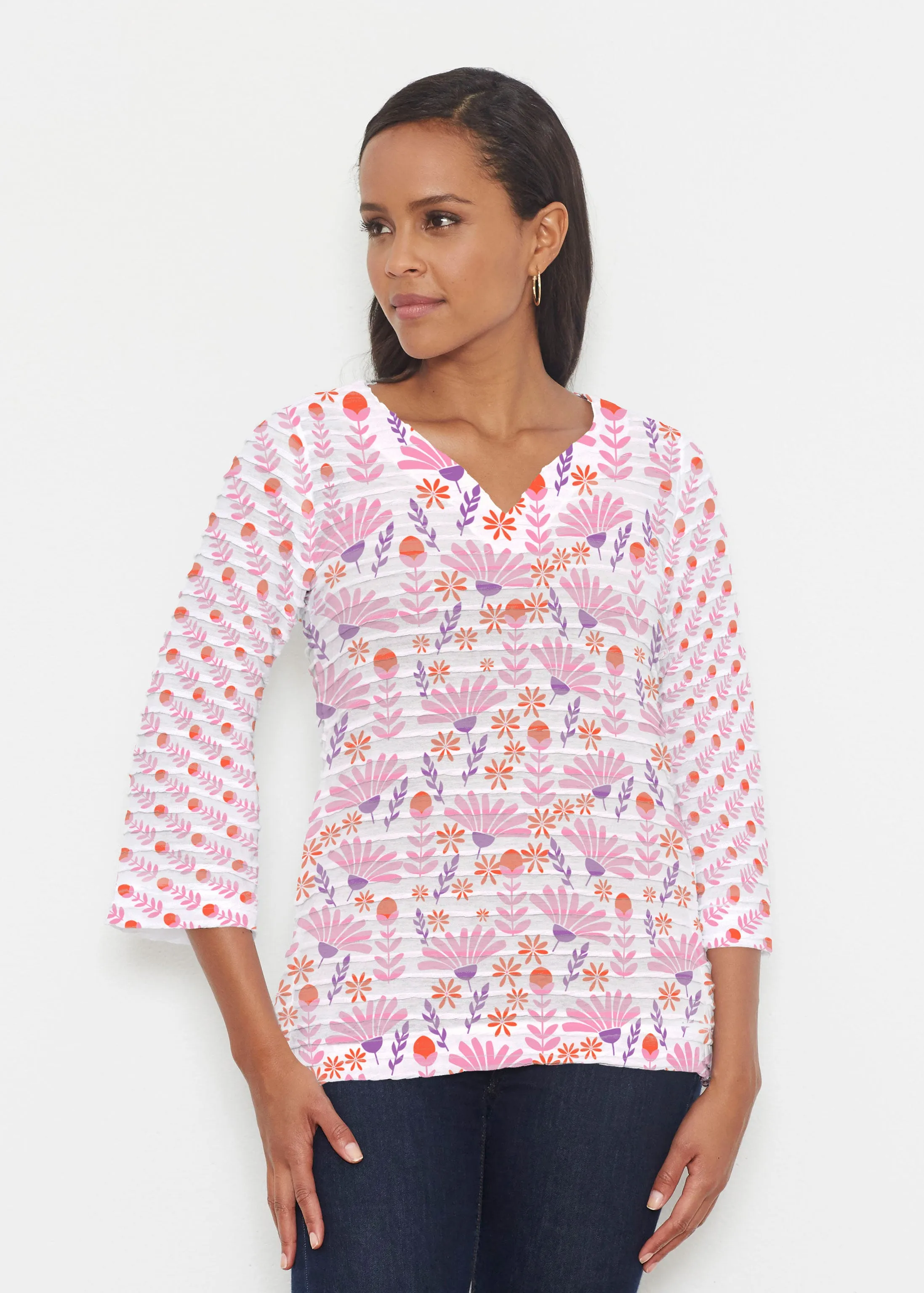 Fanfare (8042) ~ Banded 3/4 Bell-Sleeve V-Neck Tunic