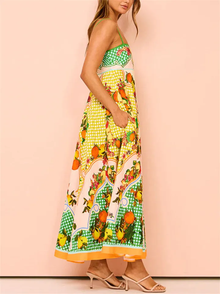 Female Stylish Lively Sleeveless Fruit Print Strappy Dresses