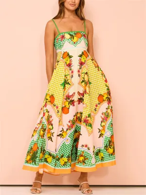 Female Stylish Lively Sleeveless Fruit Print Strappy Dresses