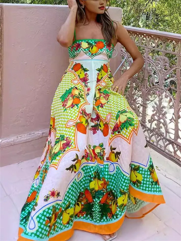 Female Stylish Lively Sleeveless Fruit Print Strappy Dresses