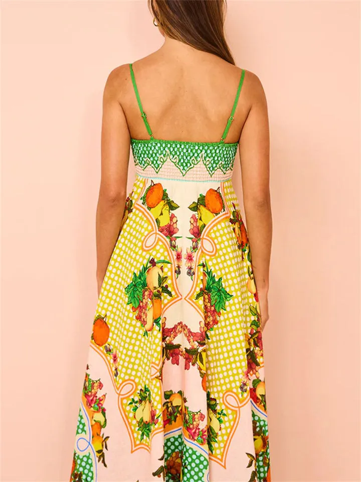 Female Stylish Lively Sleeveless Fruit Print Strappy Dresses