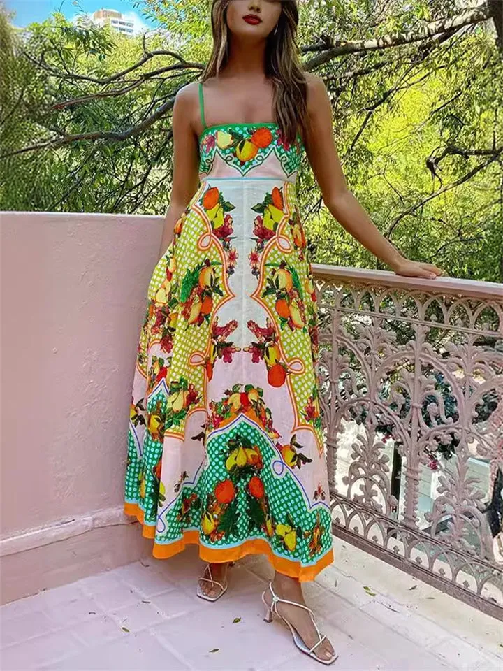 Female Stylish Lively Sleeveless Fruit Print Strappy Dresses