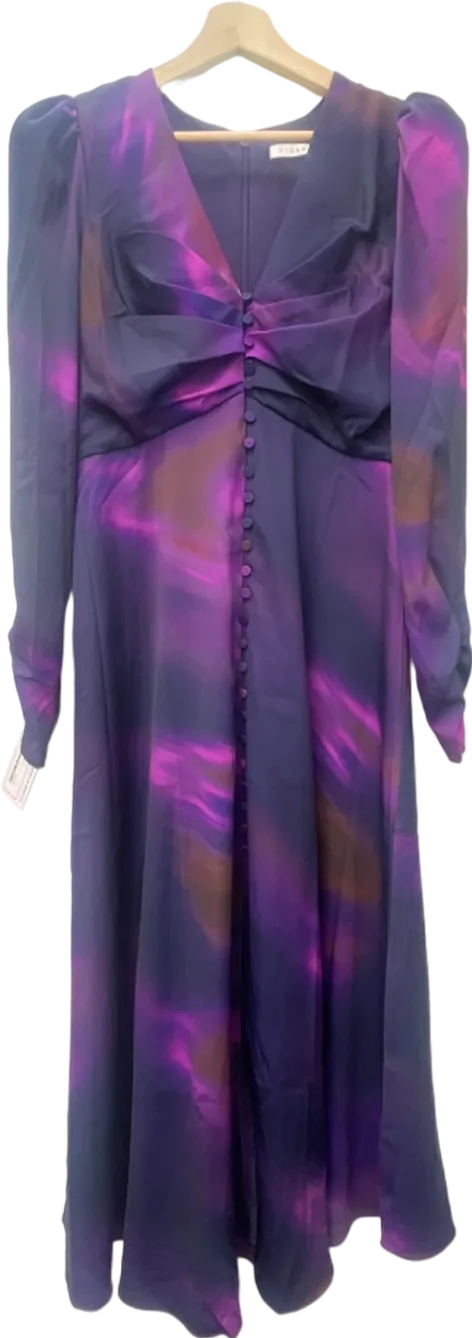 Fig & Basil Purple/Pink Multi-Colour Button-Front Long-Sleeve Dress UK Size 10