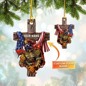 Firefighter, American Flag, Cross, Shaped Ornament 07, RINC98