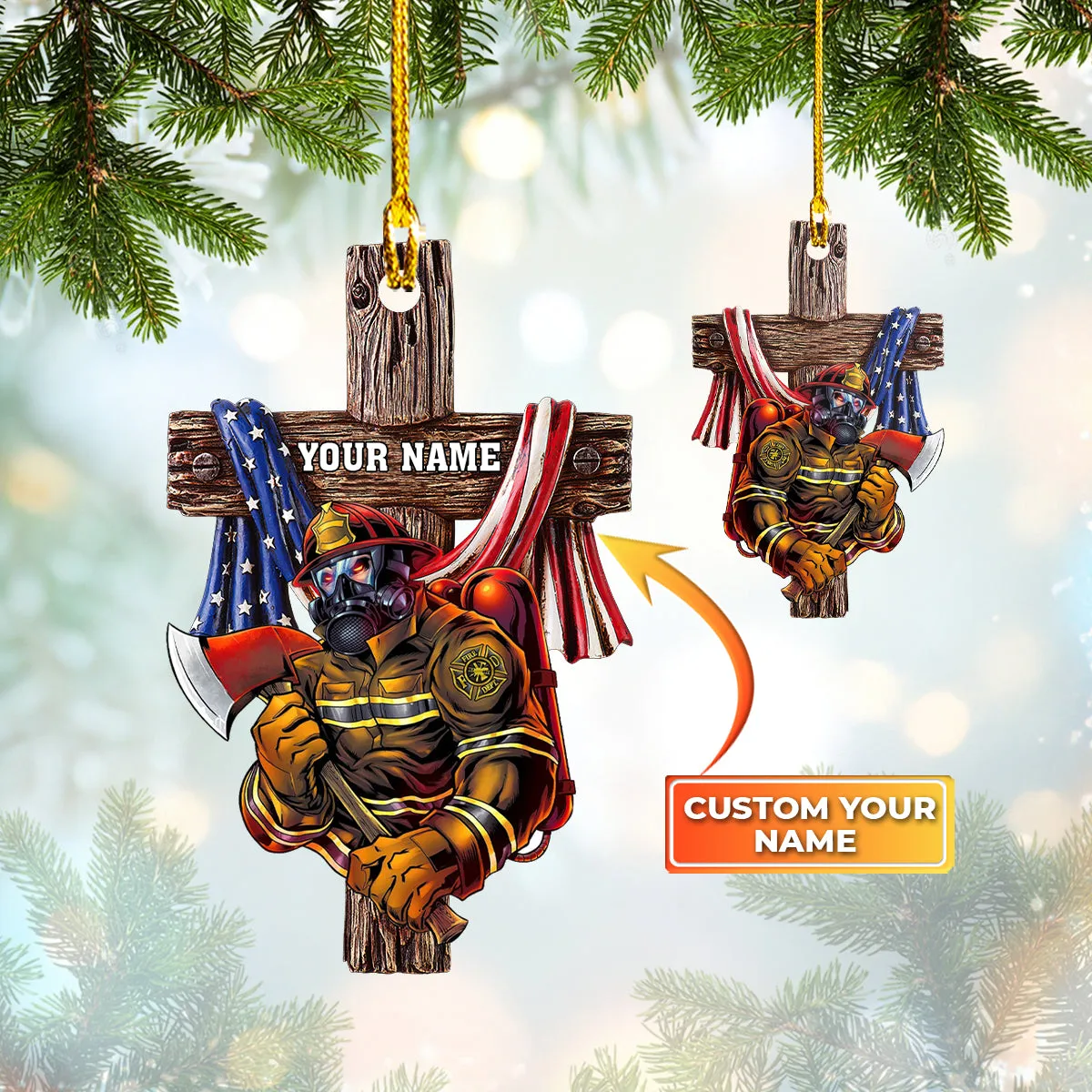 Firefighter, American Flag, Cross, Shaped Ornament 07, RINC98