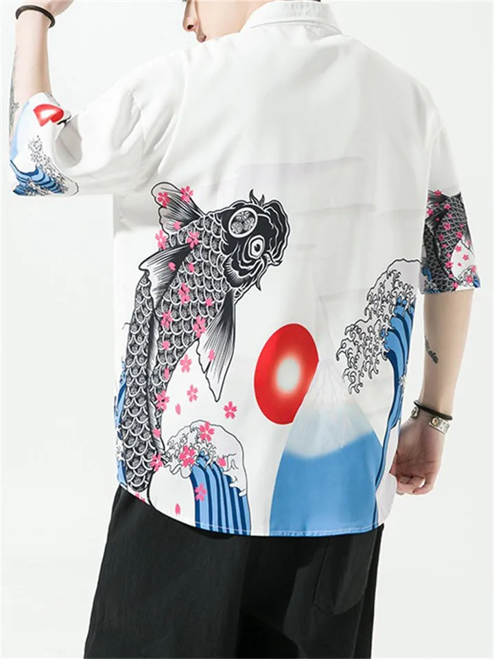 Fish Crane Mountain Print Summer Button T-shirt for Men