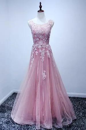 Floor-length Tulle Open Back Pink Prom Dress With Appliques PG442