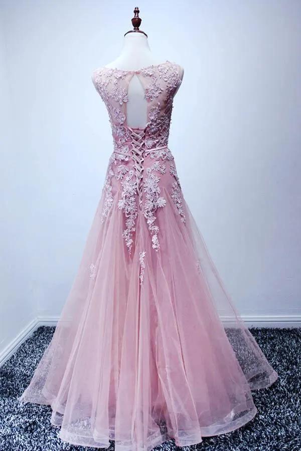 Floor-length Tulle Open Back Pink Prom Dress With Appliques PG442