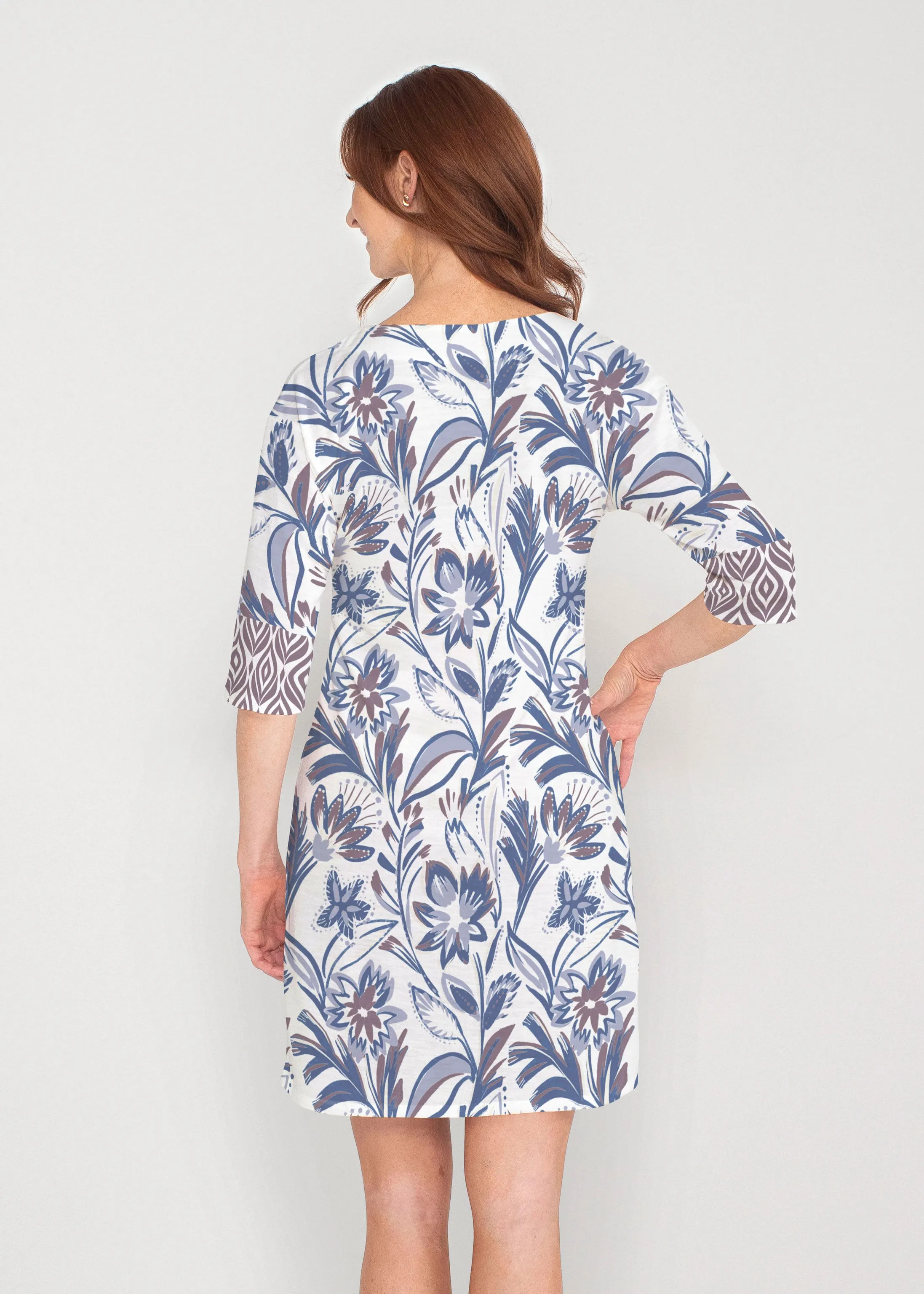 Floral Buds (8015) ~ Drop Shoulder 3/4 Sleeve V-Neck Dress