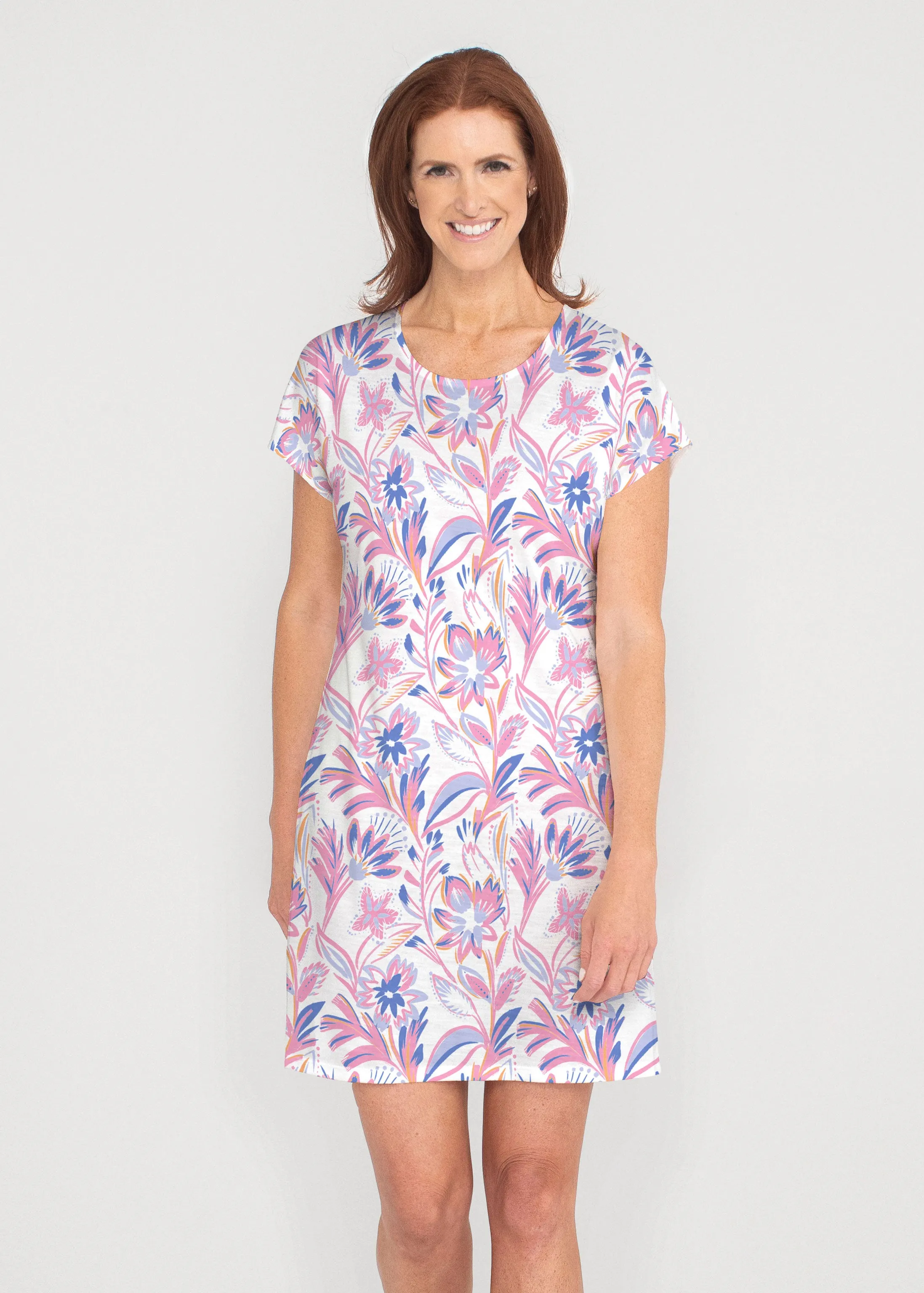 Floral Buds Pink (8032) ~ French Terry Short Sleeve Crew Dress