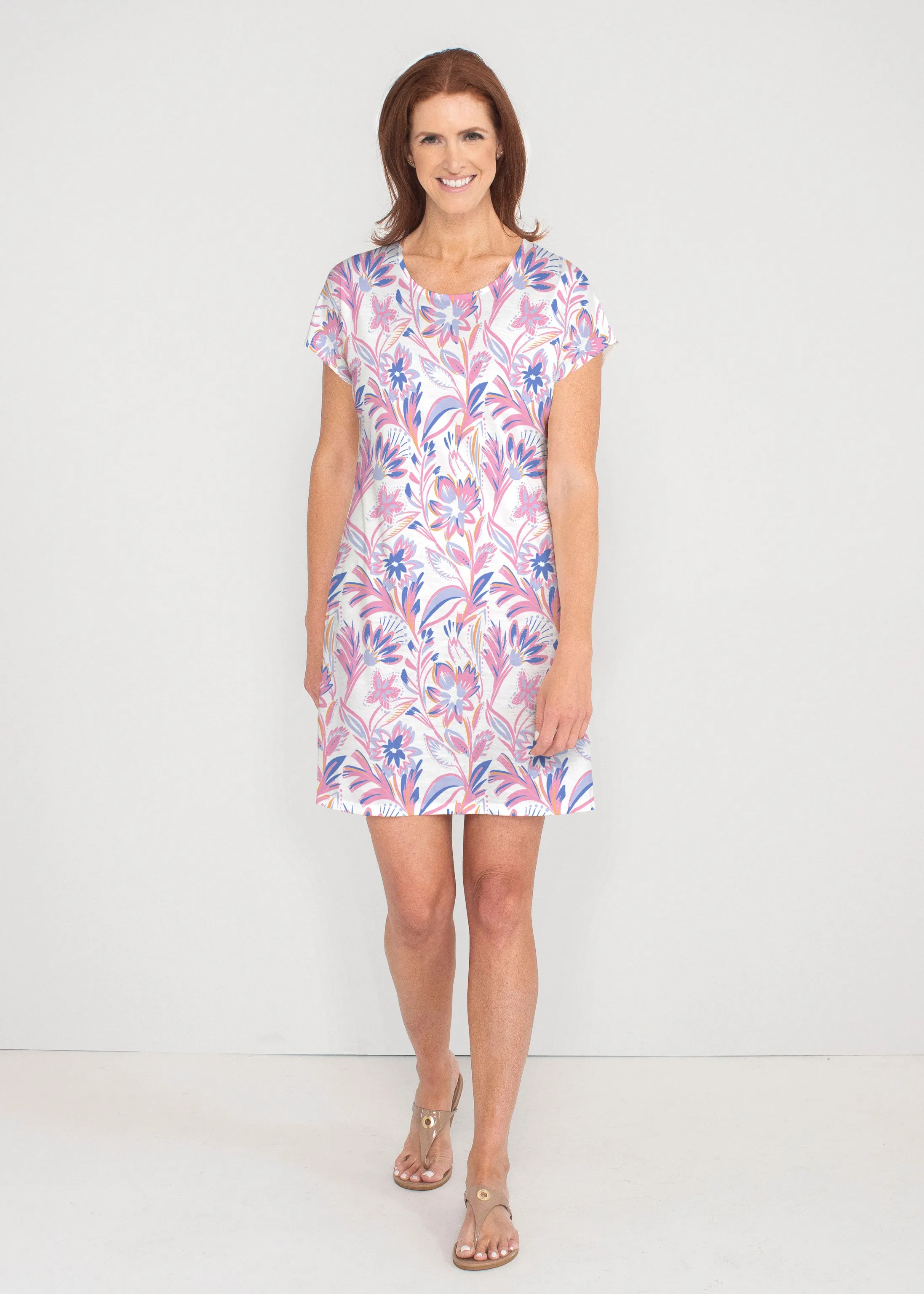 Floral Buds Pink (8032) ~ French Terry Short Sleeve Crew Dress