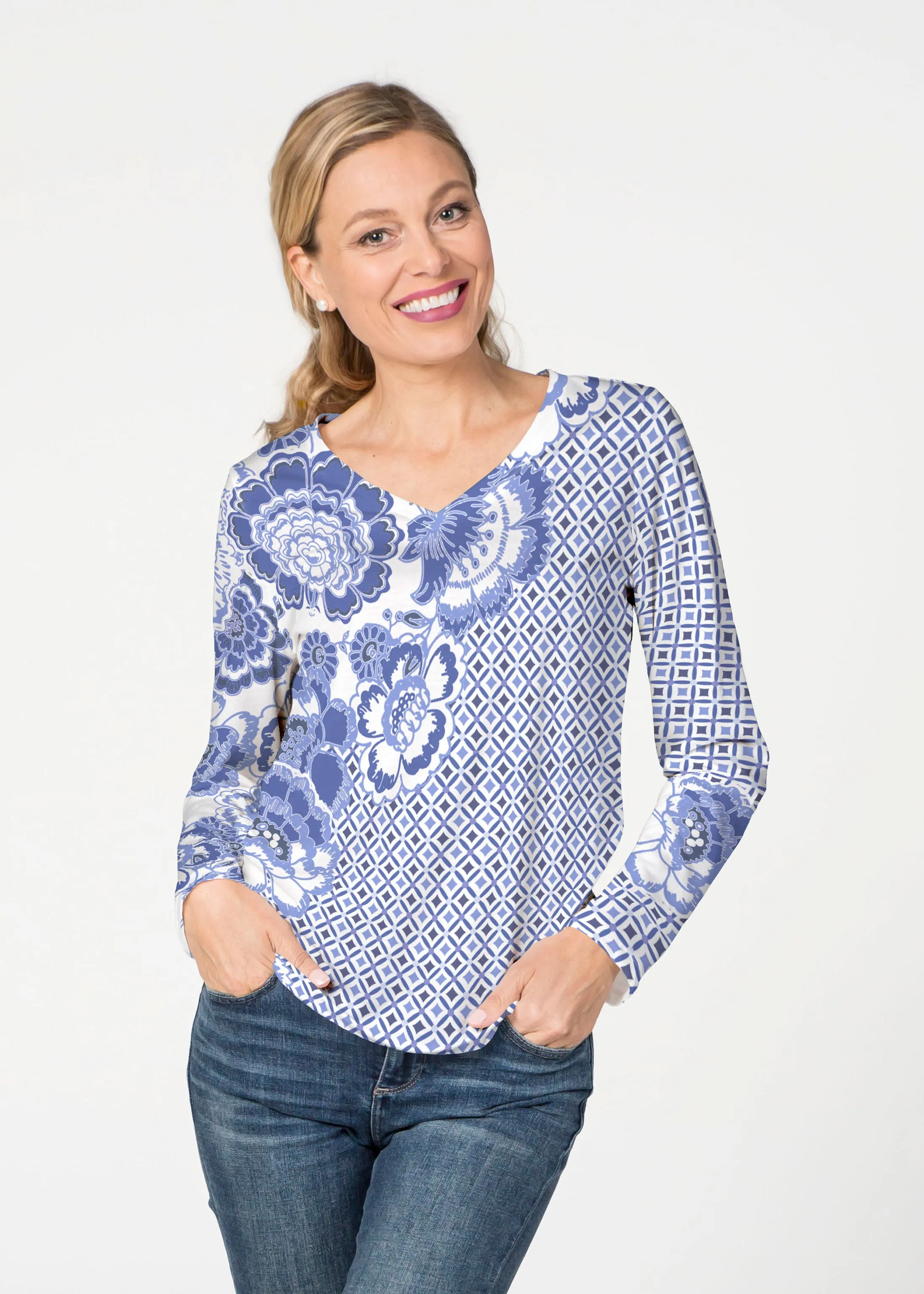 Floral Crossing Geo (7973) ~ French Terry V-neck Top