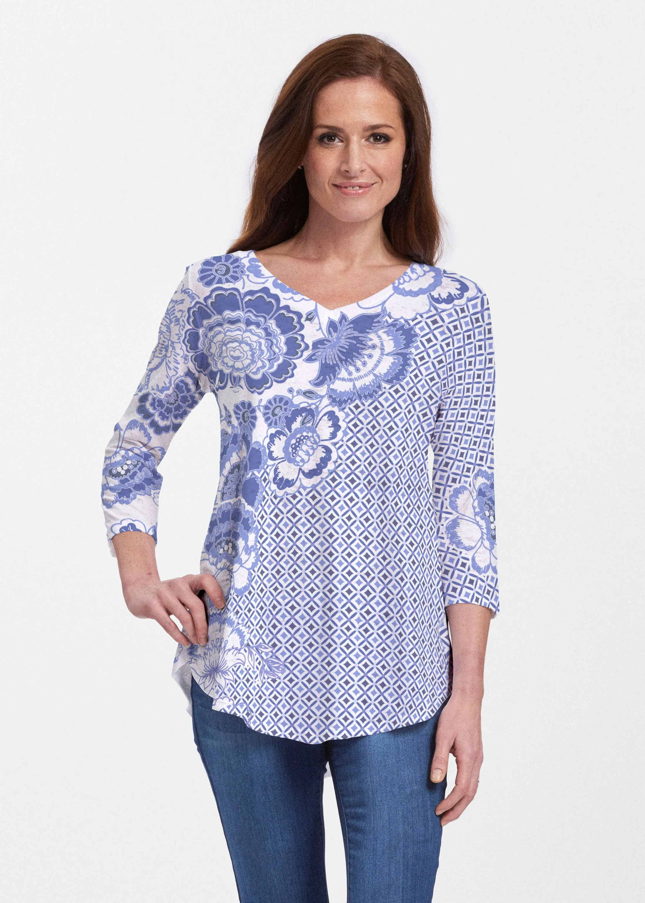 Floral Crossing Geo (7973) ~ V-neck Flowy Tunic