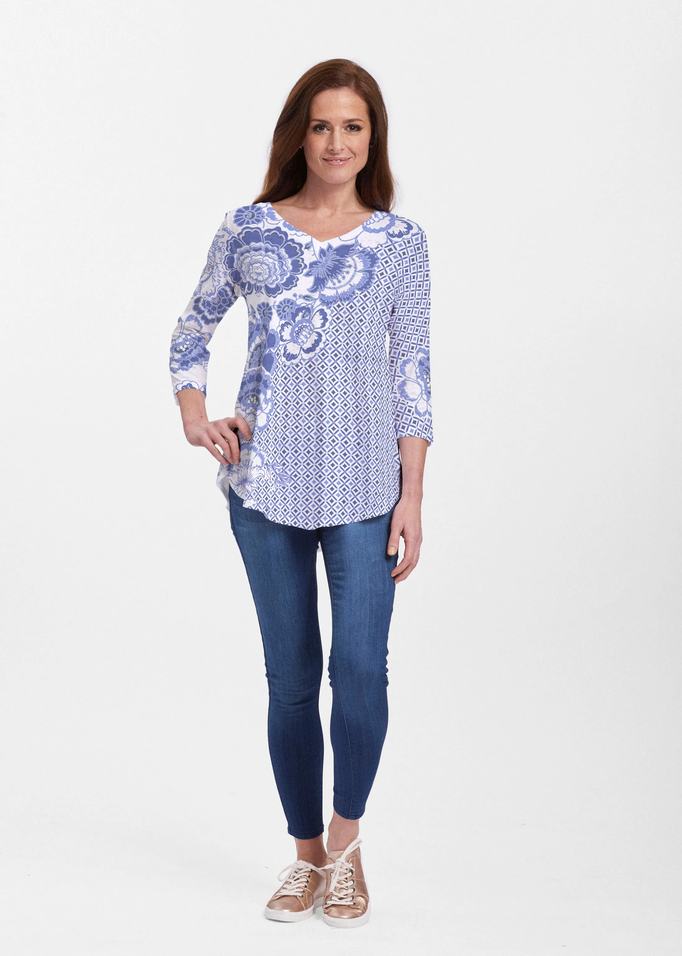 Floral Crossing Geo (7973) ~ V-neck Flowy Tunic