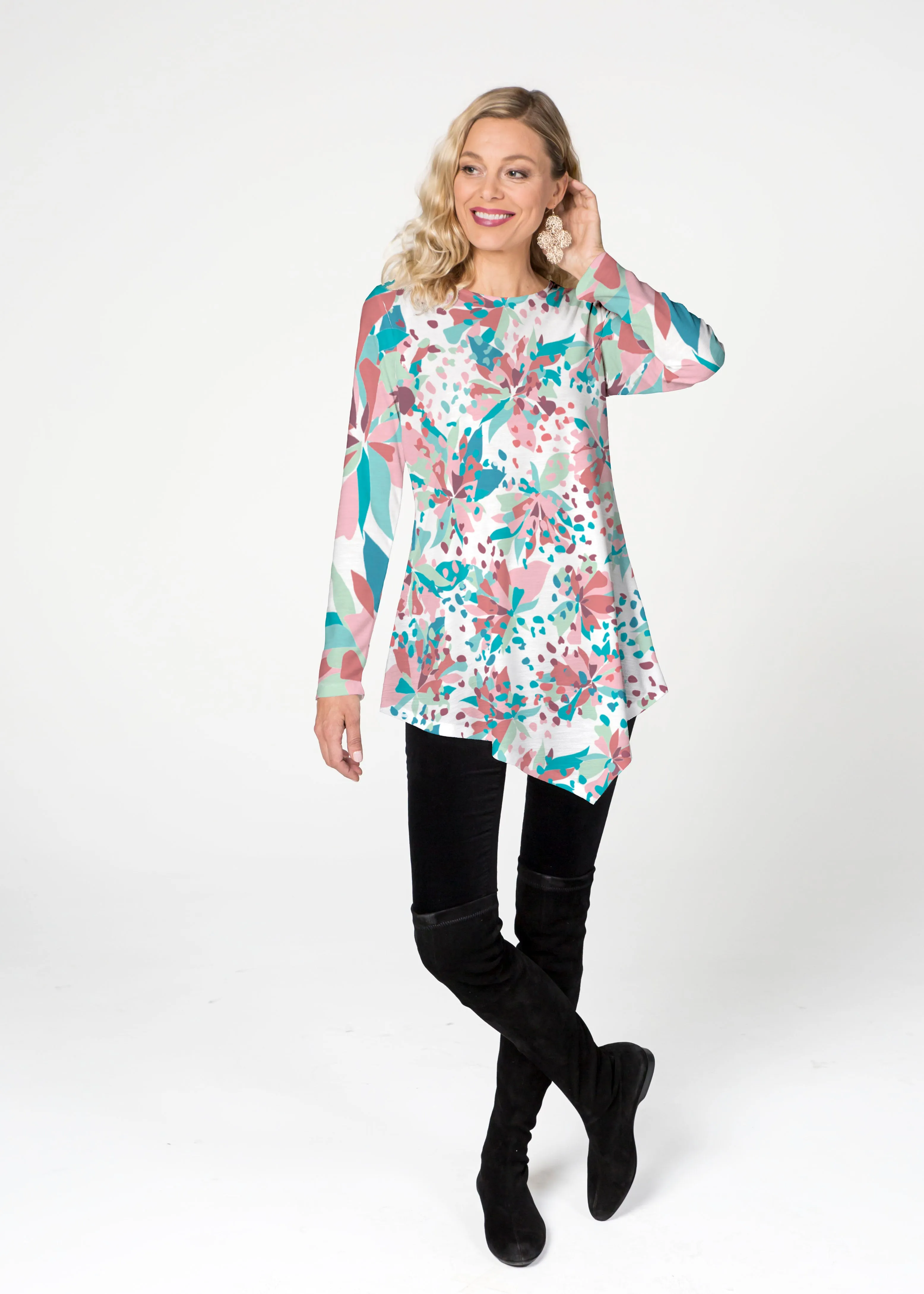 Floral Leopard Teal (7838) ~ Asymmetrical French Terry Tunic
