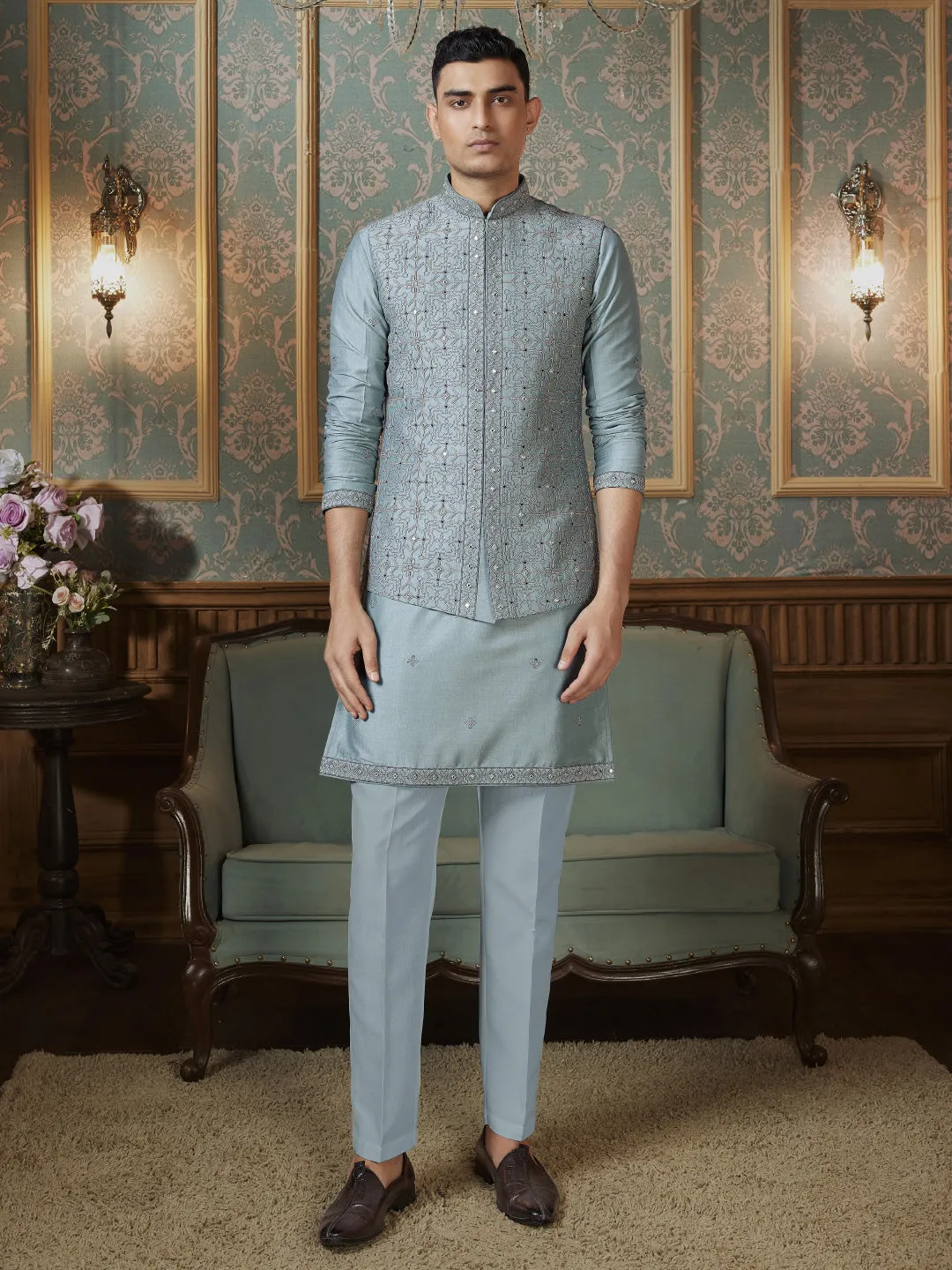 French Blue ThreadWork Kurta Bandi Set