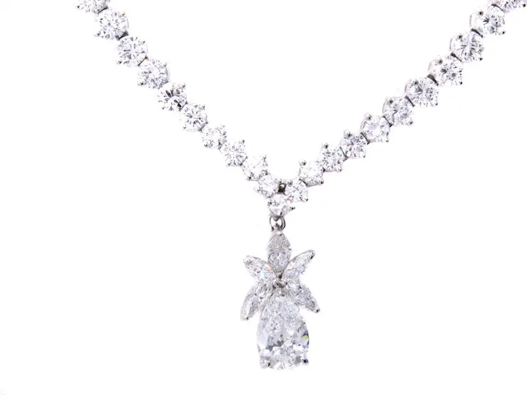 French Diamond and 2 Carat D Color Pear Shape Diamond Platinum Riviera Necklace