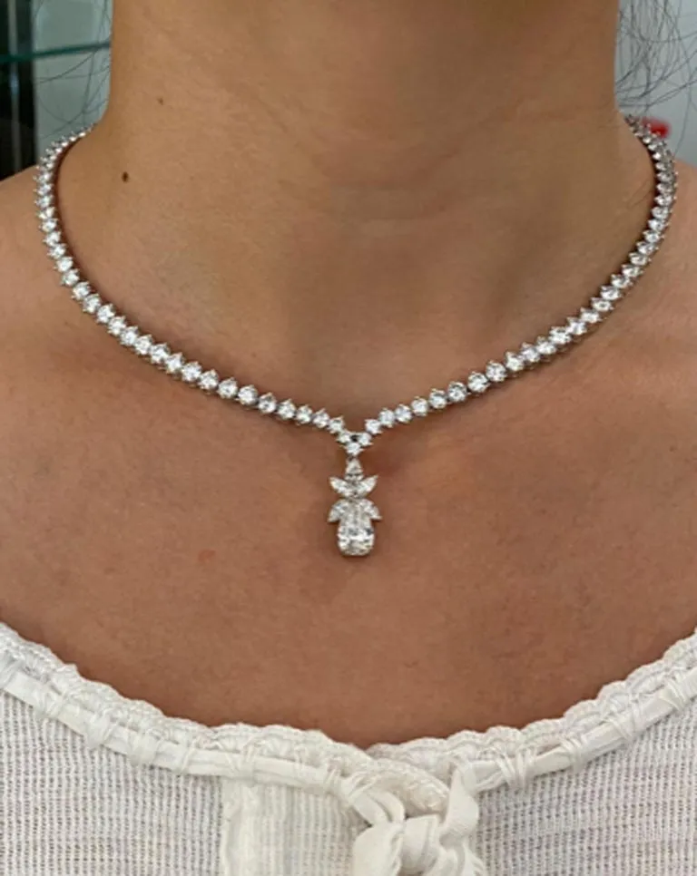 French Diamond and 2 Carat D Color Pear Shape Diamond Platinum Riviera Necklace