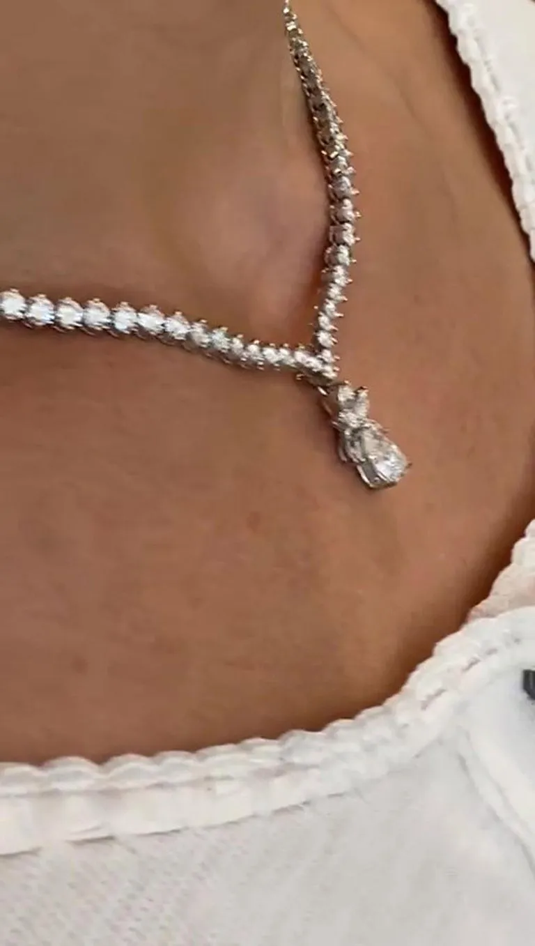 French Diamond and 2 Carat D Color Pear Shape Diamond Platinum Riviera Necklace