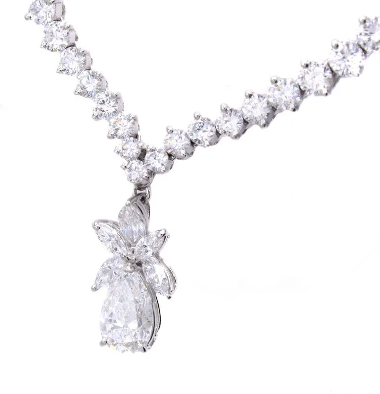 French Diamond and 2 Carat D Color Pear Shape Diamond Platinum Riviera Necklace