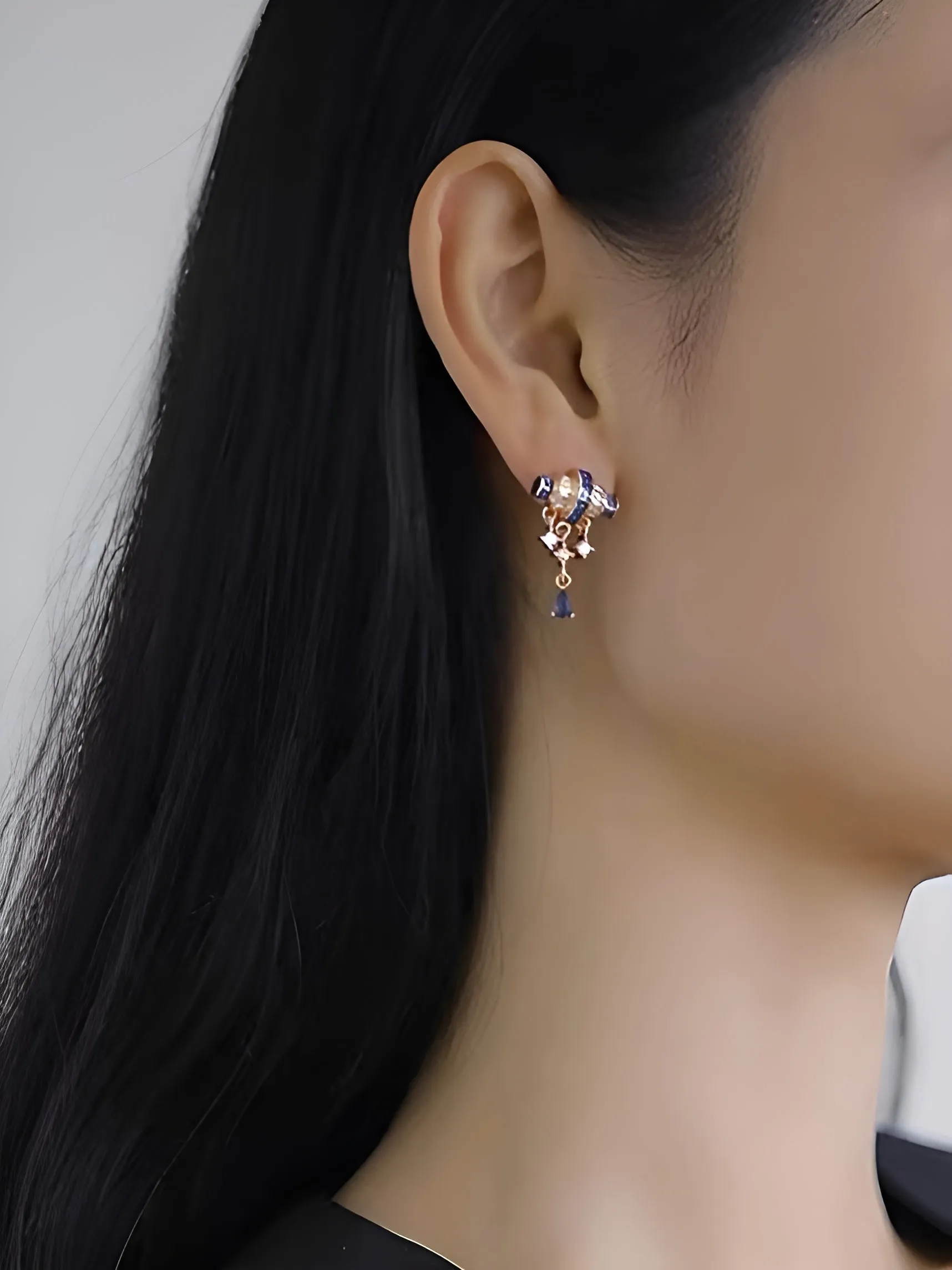 French-Inspired Small-Batch Artisanal Earrings with Baguette Diamonds and Blue Sapphire