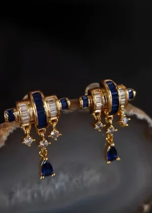 French-Inspired Small-Batch Artisanal Earrings with Baguette Diamonds and Blue Sapphire