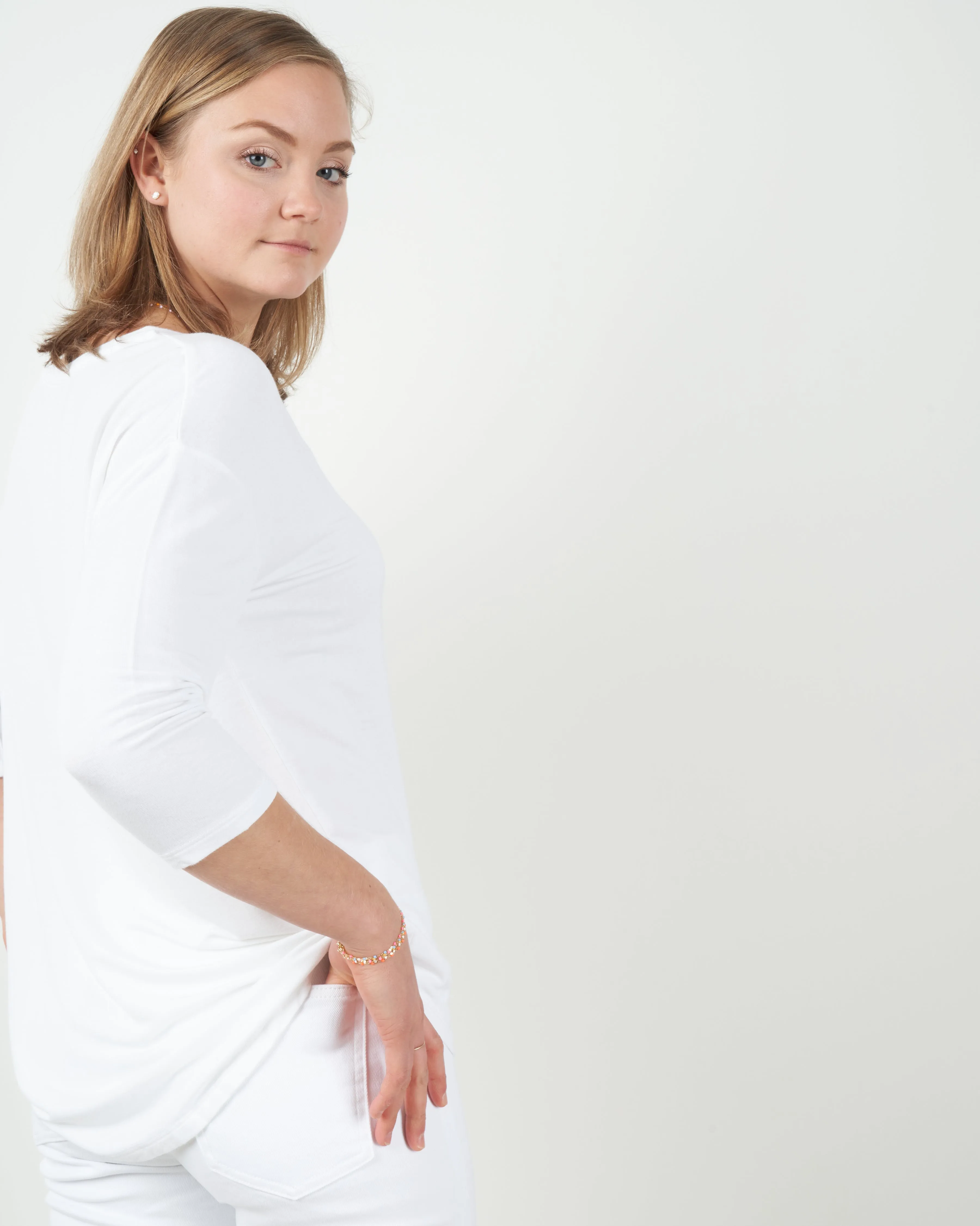 french terry 3/4 sleeve boatneck top - blanc