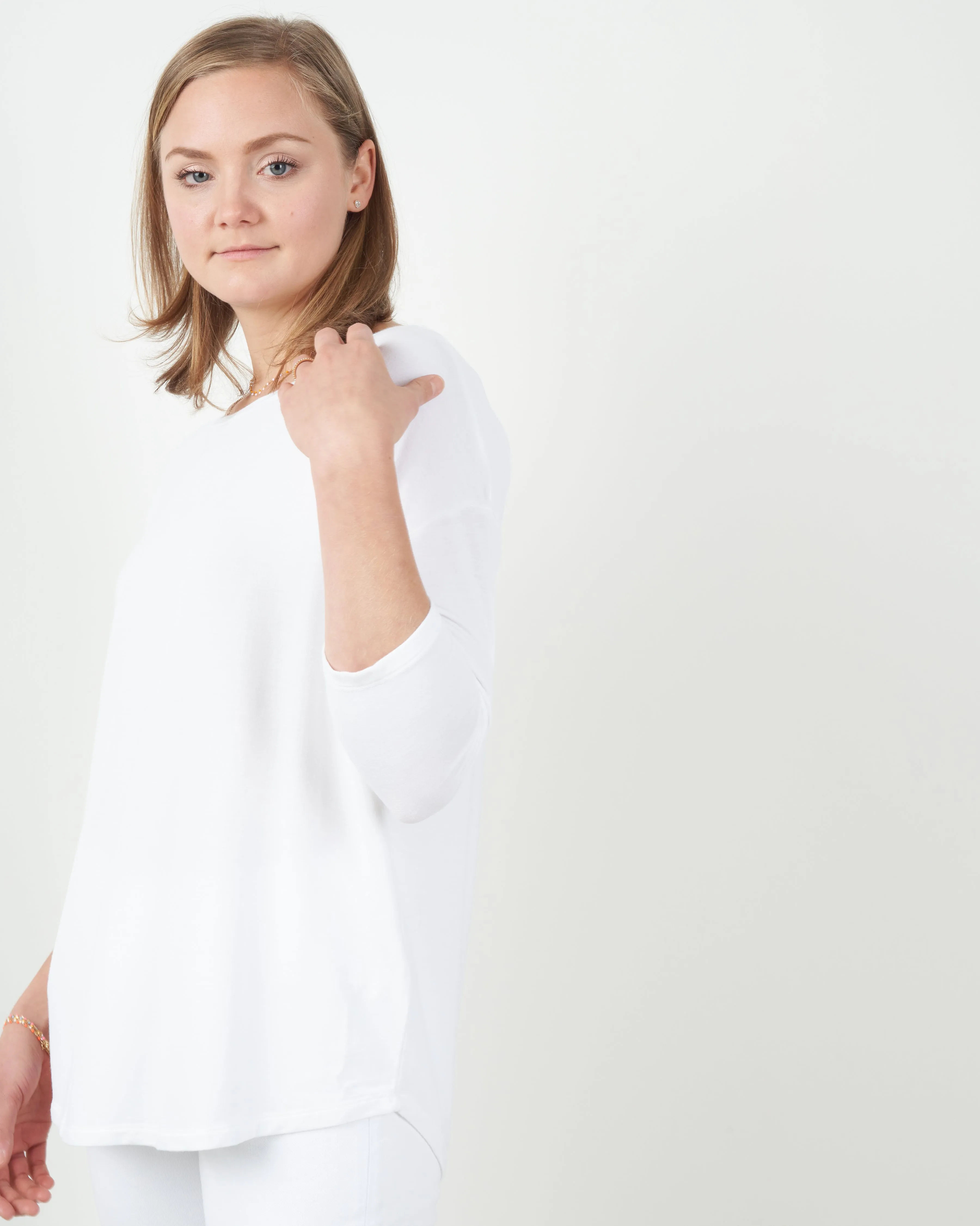 french terry 3/4 sleeve boatneck top - blanc