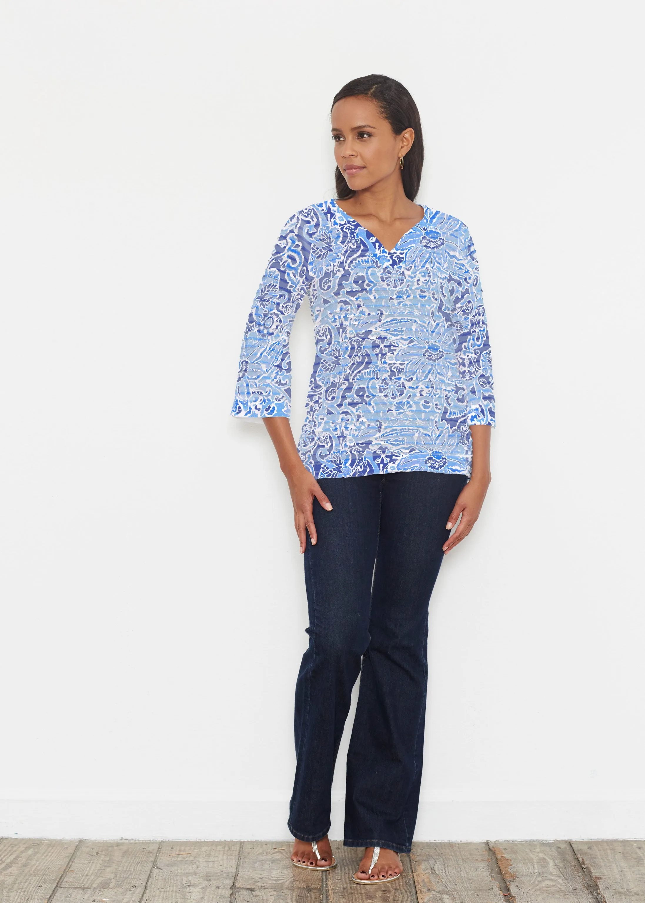 Fusion Blue (2895) ~ Banded 3/4 Bell-Sleeve V-Neck Tunic