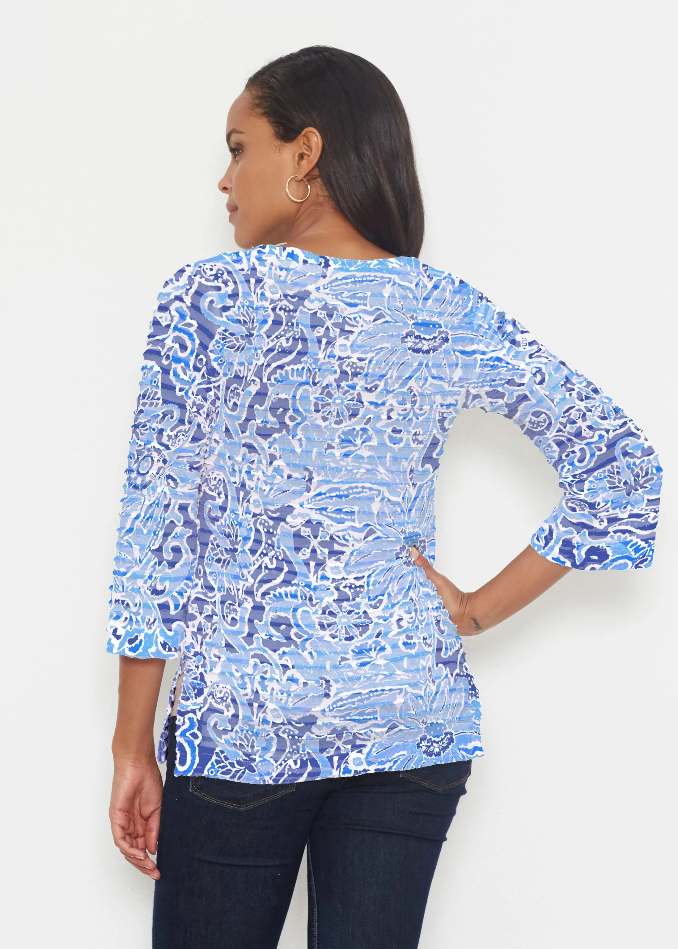Fusion Blue (2895) ~ Banded 3/4 Bell-Sleeve V-Neck Tunic