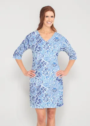 Fusion Blue (2895) ~ Drop Shoulder 3/4 Sleeve V-Neck Dress