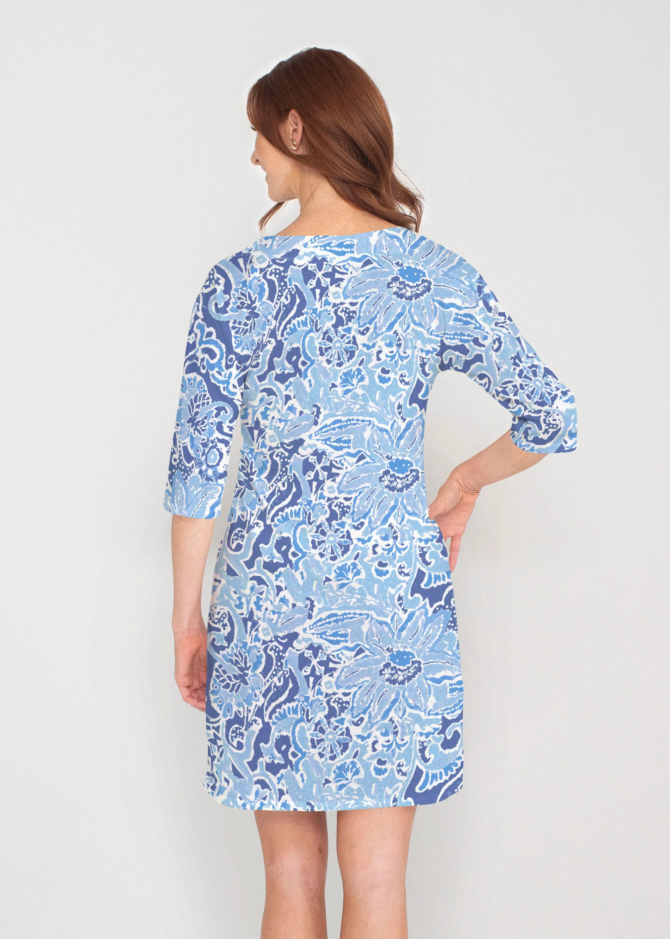 Fusion Blue (2895) ~ Drop Shoulder 3/4 Sleeve V-Neck Dress